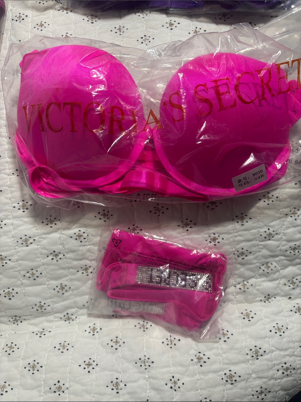 VS Rhinestone Strap Bra and Panty Set NWT 34B & Med. Very Sexy “Luxury” Hot Pink